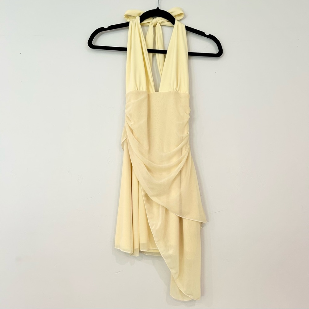 SHEIN Women’s Yellow Halter Backless Mini Dress with Drape and Bow Details